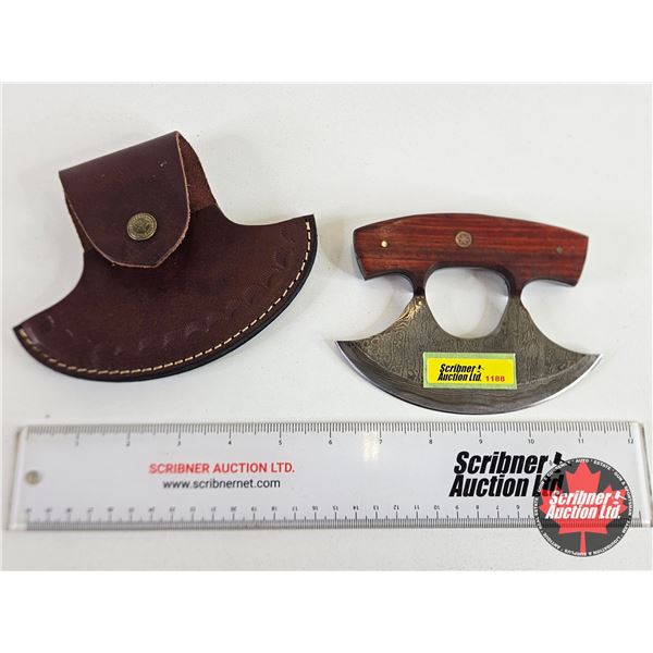Damascus Ulu Knife w/ Leather Sheath (Knife measures : 5-1/2")