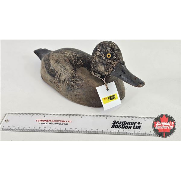 Wooden Duck Decoy (Consignor Tag - Blue Bill Working Decoy Glass Eyes c. 1940's) (Measures : 5-1/2"H