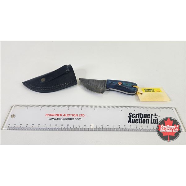 Damascus Mini Skinner : Blue Laminate & Mosaic Pin w/Leather Sheath (Total Length of Knife : 5"L)