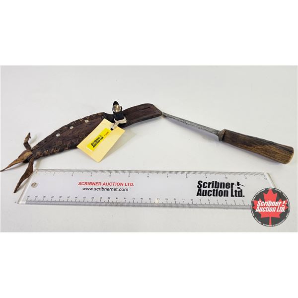 Knife w/Leather Sheath (Consignor Tag - Vintage Hand Forged Trapper's Knife, Antler Handle) (Total L