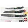 Image 11 : Knife Set (4)  (Consignor Tag - Damascus Knife Set : Green & Black Laminate w/Mosaic Pins) (Longest 