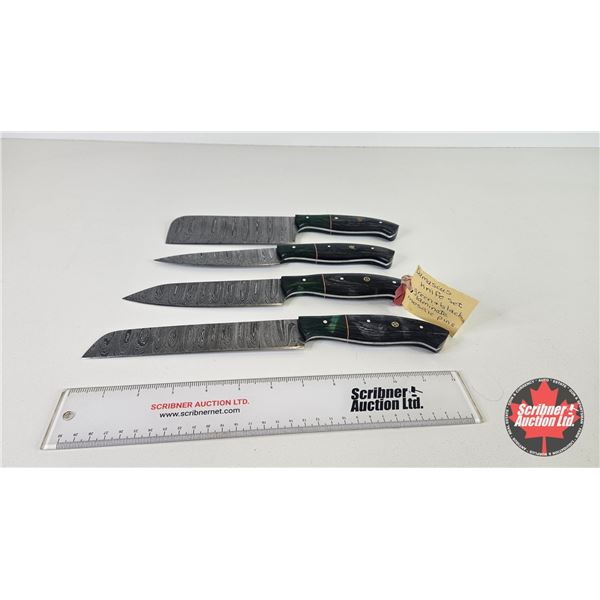 Knife Set (4)  (Consignor Tag - Damascus Knife Set : Green & Black Laminate w/Mosaic Pins) (Longest 