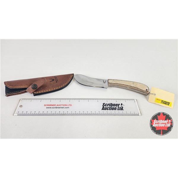 Knife w/Leather Sheath (Consignor Tag - Stainless Skinner Laminate Wood) (Total Length of Knife : 9"