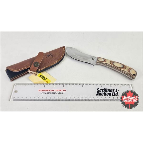 Knife w/Leather Sheath (Consignor Tag - Stainless Skinner Wood Grain Laminate) (Total Length of Knif