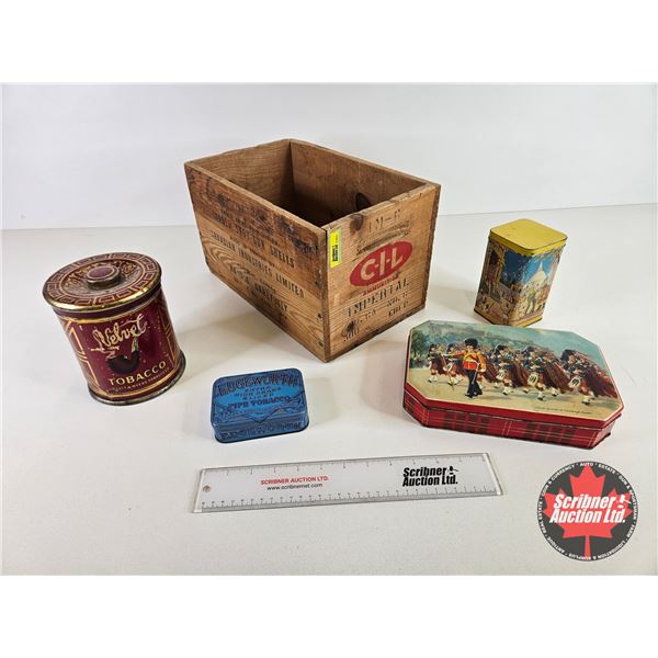 Vintage CIL Wooden Ammo Box : w/Collector Tins (4) (Box Measures : 8"H x 14" W x 8-1/2"D)