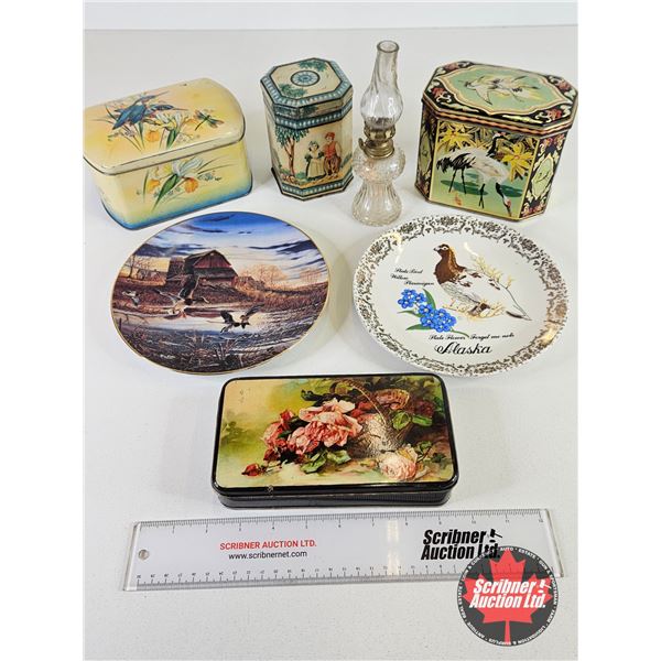 Collection of Collector Plates, Tins & Mini Oil Lamp (Bird Theme)