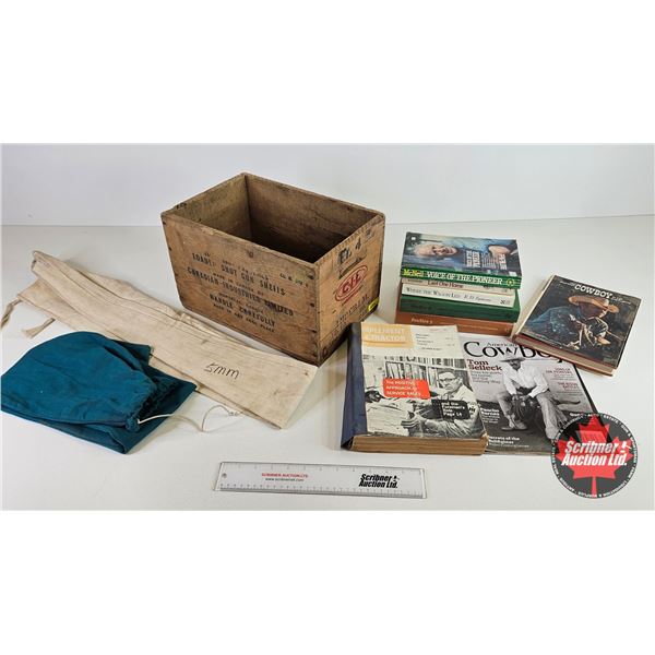 Vintage Wooden CIL Ammo Box : w/ Gun Socks (2): - Survival, Cowboy & Tractor Books (9) (Box Measures