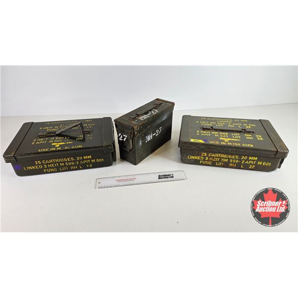 Military Metal Ammo Boxes (3) :  (Largest Measures : 4"H x 14-1/4"W x 9-1/2"D)