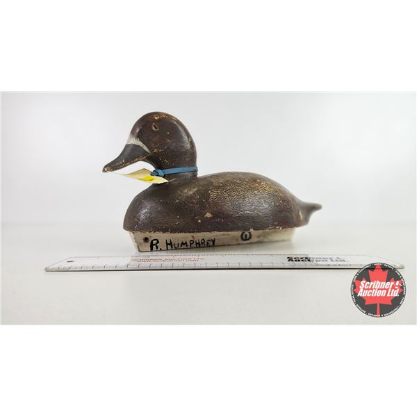 Wooden Duck Decoy  (Consignor Tag : Working Blue Bill Hen : Signed R. Humphrey : 1950) (Measures : 7