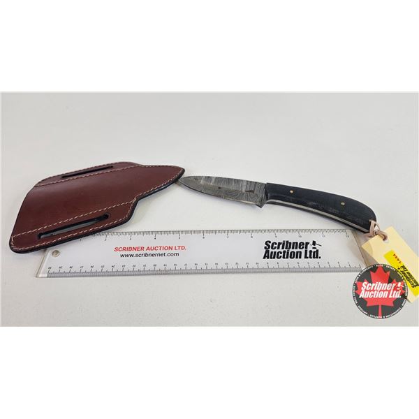 Knife w/Leather Sheath : (Consignor Tag - Damascus Hunting Knife Micarta Handle Leather Sheath) (Tot