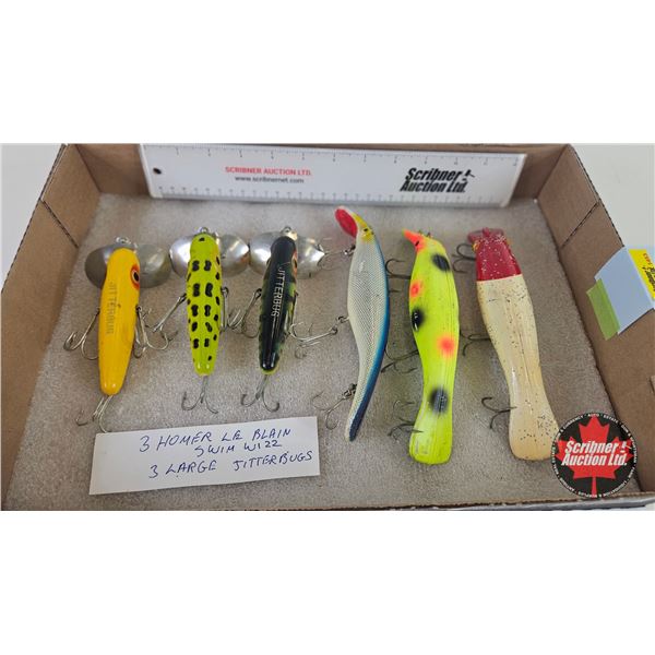 Vintage Fishing Lures (6) :  - Homer Le Blain Swim Wizz (3) - Large Jitterbugs (3)
