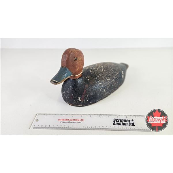 Wooden Duck Decoy : (Consignor Tag - Red Head Drake Working Decoy 1950's Hollow Body) (Measures : 7"