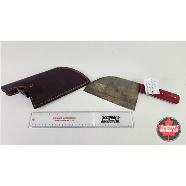 Cleaver w/Leather Sheath (Consignor Tag : Damascus Cleaver Red Laminate handle) (Total Length of Cle