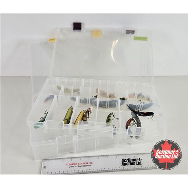 Plano Fishing Tackle Organizers (2) w/Assortment of Flatfish Lures (15) (Large Box Measures 3"H 14"W