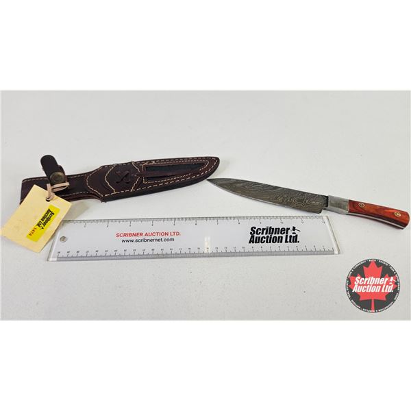 Knife w/Leather Sheath  (Consignor Tag : Damascus Knife Russet Laminate Handle Mosaic Pins Leather S