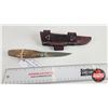 Image 1 : Knife w/Leather Sheath (Consignor Tag : Frosts Sweden Laminated Steel) (Total Length of Knife : 8")