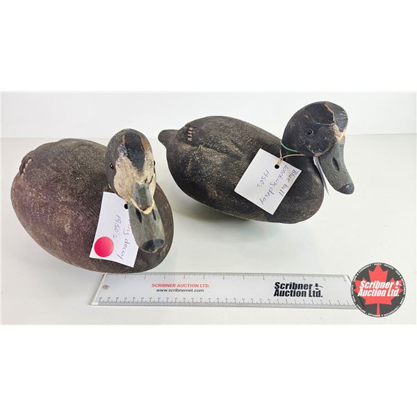 Wooden Duck Decoys (2) (Consignor Tag - Working Blue Bill : 1950's) (Measures : 8"H x 7"W x 15")