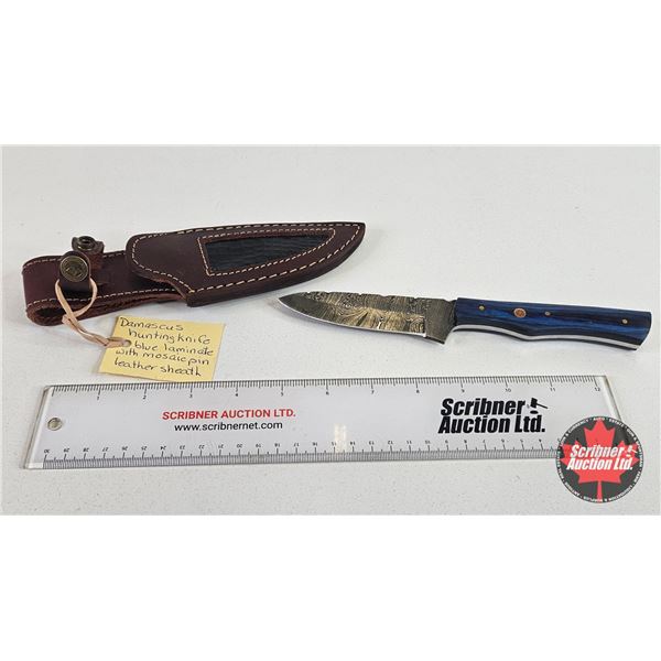 Knife w/Leather Sheath (Consignor Tag : Damascus Hunting Knife : Blue Laminate with Mosaic Pin : Lea