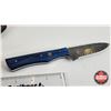 Image 4 : Knife w/Leather Sheath (Consignor Tag : Damascus Hunting Knife : Blue Laminate with Mosaic Pin : Lea