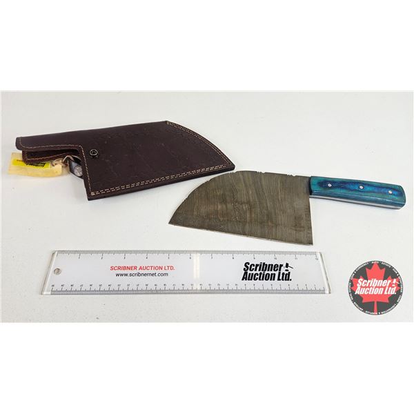 Cleaver w/Leather Sheath (Consignor Tag : Damascus Cleaver:  Blue Laminate : Leather Sheath) (Total 