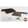 Image 1 : Cleaver w/Leather Sheath (Consignor Tag : Damascus Cleaver:  Blue Laminate : Leather Sheath) (Total 