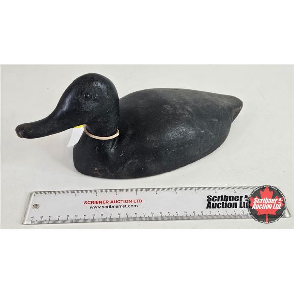 Wooden Duck Decoy  (Consignor Tag : Blue Bill Working Decoy : Tack Eyes : 1920's) (Measures : 6"H x 