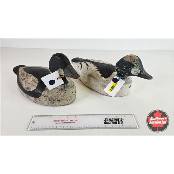 Pair of Wooden Duck Decoys :  (Consignor Tag : Whistler Drakes : 1940's) (Tallest Measures : 6-3/4"H