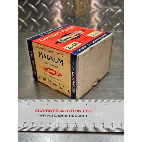AMMO : Gevelot : Magnum : 20ga 3" (#5 Shot) (Vintage) (1 Box of 25 Rnds TOTAL) (Unopened - Factory S