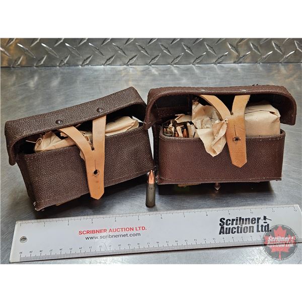 AMMO : Military : 7.62x39 (FMJ) c/w Leather Pouches (2) (105 Rnds TOTAL)