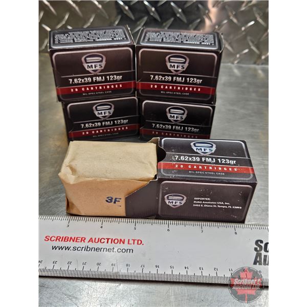 AMMO : M.F.S. : Mil-Spec : 7.62x39 (123gr : FMJ)  (5 Boxes of 20 Rnds)  (100 Rnds TOTAL)