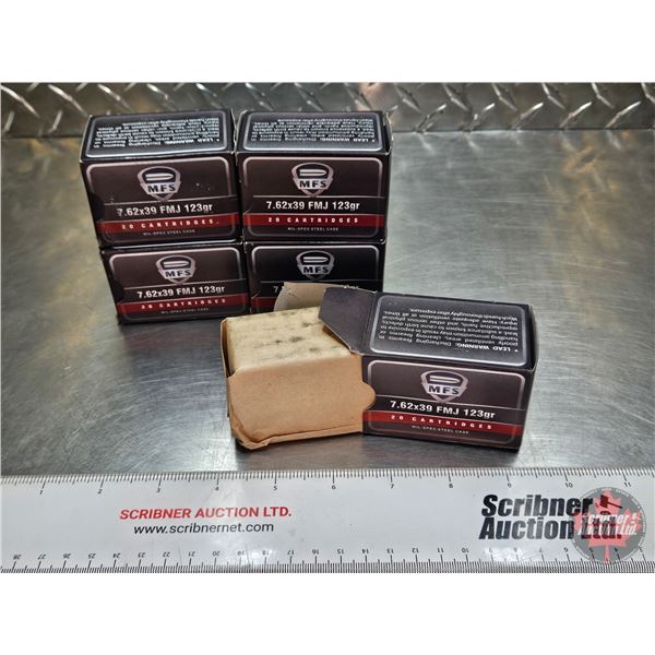 AMMO : M.F.S. : Mil-Spec : 7.62x39 (123gr : FMJ)  (5 Boxes of 20 Rnds)  (100 Rnds TOTAL)