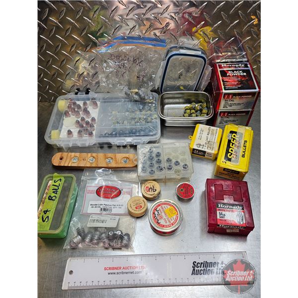 Variety of 54cal Lead Bullets, Balls & Sabots w/Plastic Carry Containers & Percussion Caps (Dangerou