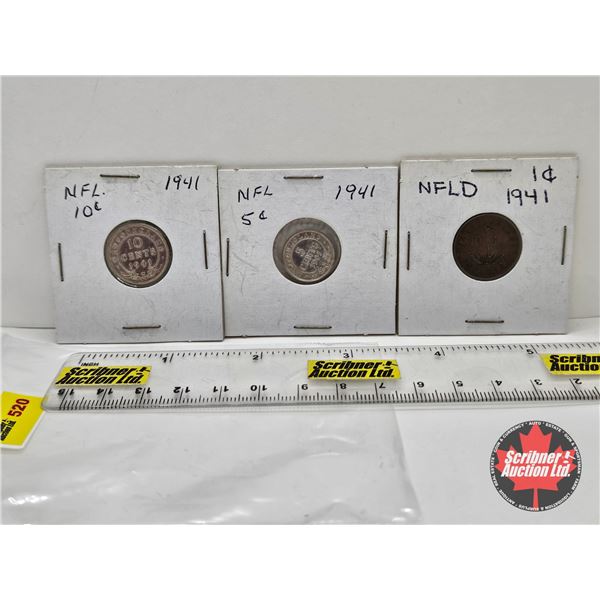 Newfoundland 1941 Coins (3) : One Cent; Five Cent; Ten Cent