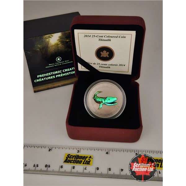 RCM Canada 2014 : Twenty-Five Cent Coloured Coin : Prehistoric Creatures : Tiktaalik (COA #12659) (G