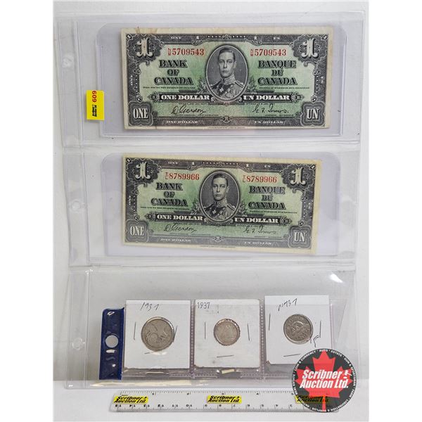 Collector Combo 1937 :  - $1 Bill : Gordon/Towers #NM5709543 - Five Cent - Ten Cent - Twenty Five Ce