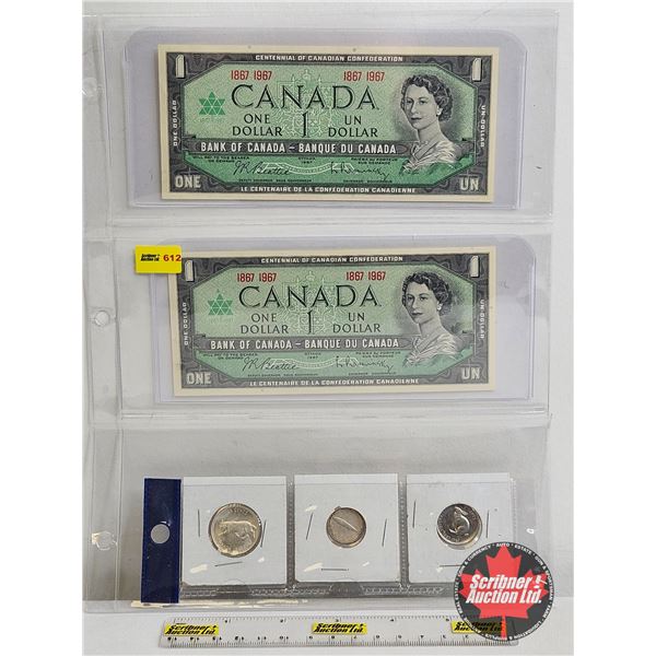 Collector Combo Centennial :  - $1 Bill : Beattie/Rasminsky #1867 1967 - Five Cent - Ten Cent - Twen