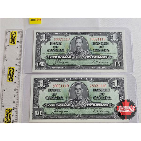 Bank of Canada $1 Bills 1937 (2 Consecutive) : Coyne/Towers #NN8021118-1119