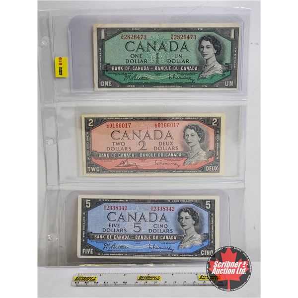 Canada Bills 1954 (3): - $1 Beattie/Rasminsky #VN2826473 - $2 Bouey/Rasminsky #LG0166017 - $5 Beatti