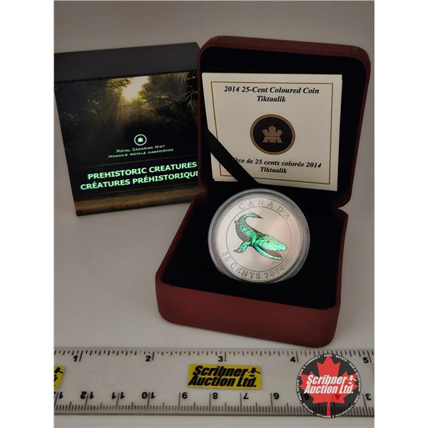 RCM Canada 2014 : Twenty-Five Cent Coloured Coin : Prehistoric Creatures : Tiktaalik (COA #12660) (G