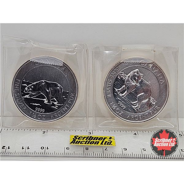 RCM Canada $8 Fine Silver Coins (2 Pack) : - 2013 Polar Bear (1-1/2oz) (.9999) (No COA) - 2014 Timer