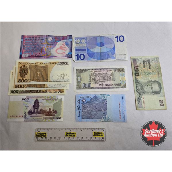 Variety Foreign Bills (9) : Incl . Cambodia; Poland; Hong Kong; Malaysia; Vietnam; etc!