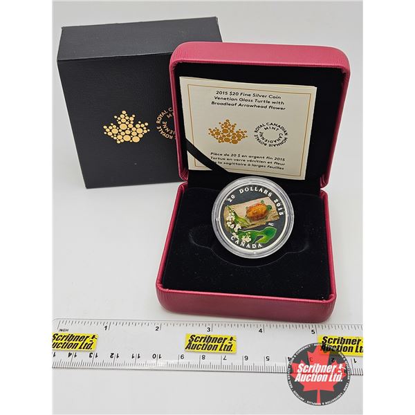 RCM Canada 2015 $20 Fine Silver Coin : Venetian Glass Turtle with Broadleaf Arrowhead Flower (COA #5