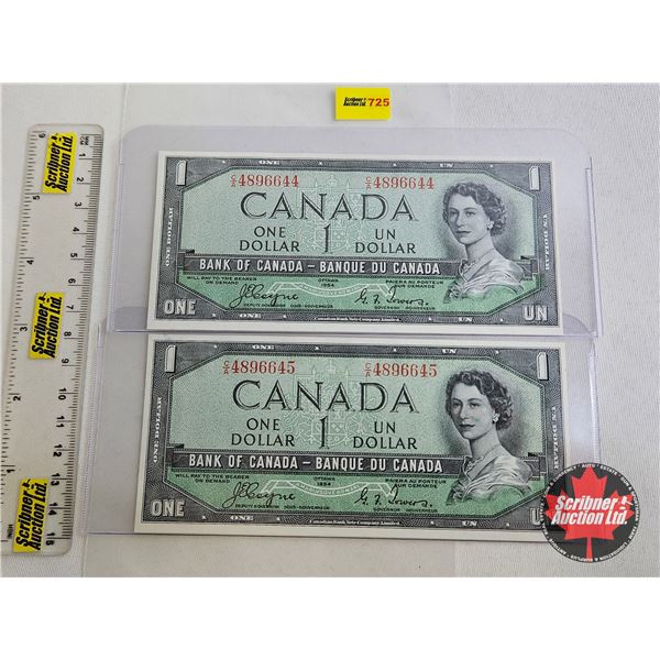 Canada $1 Bills 1954DF "Devil's Face" (2 Consecutive) : Coyne/Towers #CA4896644-645