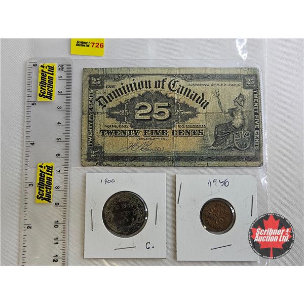 Canada Collector Combo (3) :  - Dominion of Canada 1900 Twenty Five Cent "Shinplaster" : Boville - L