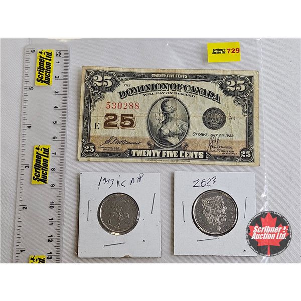 Canada Collector Combo (3) :  - Dominion of Canada 1923 Twenty Five Cent "Shinplaster" : McCavour/Sa