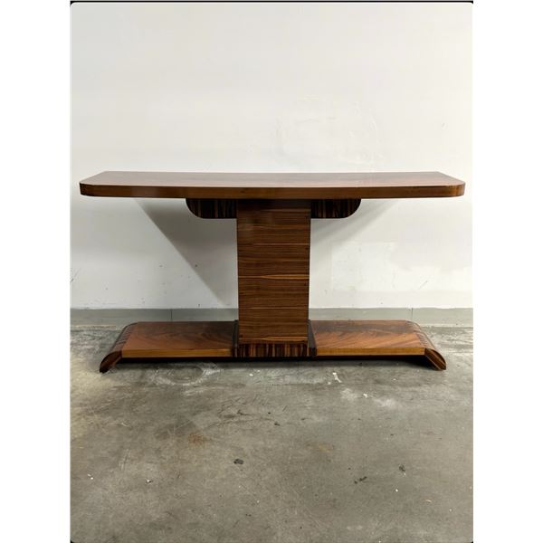 Art Deco Style Center Table with Exotic Wood Veneers and Sculptural Pedestal Base