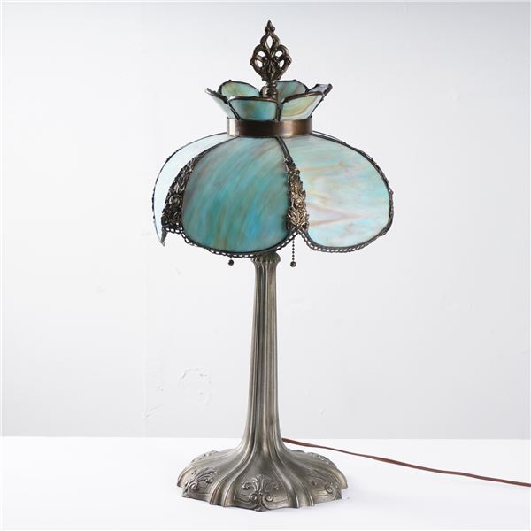 Art Deco Style Table Lamp with Blue Slag Glass Shade
