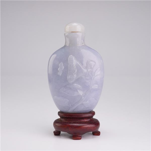 Chinese Carved Lavender Jadeite Snuff Bottle with Wood Stand