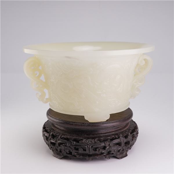 Chinese Carved White Jade Bowl