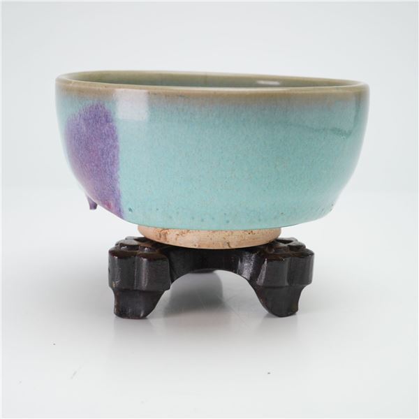 Chinese Celadon Glazed Bowl with Purple Splash and Carved Wood Stand